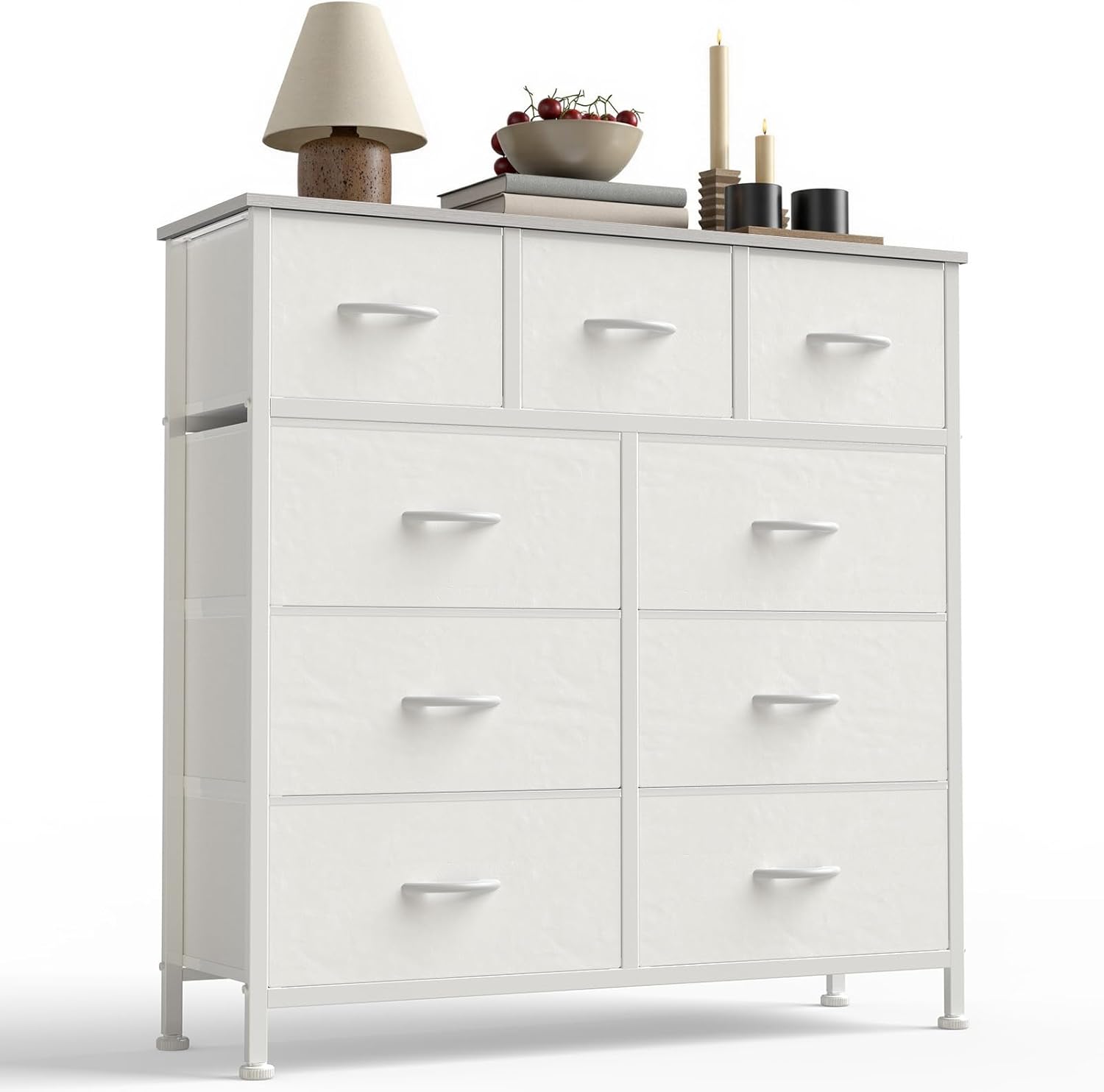 9 Drawer Dresser for Bedroom, Fabric Storage Organizer with Sturdy Metal Frame, Wooden Top Chest of Drawers for Closet Entryway Guest Room,White