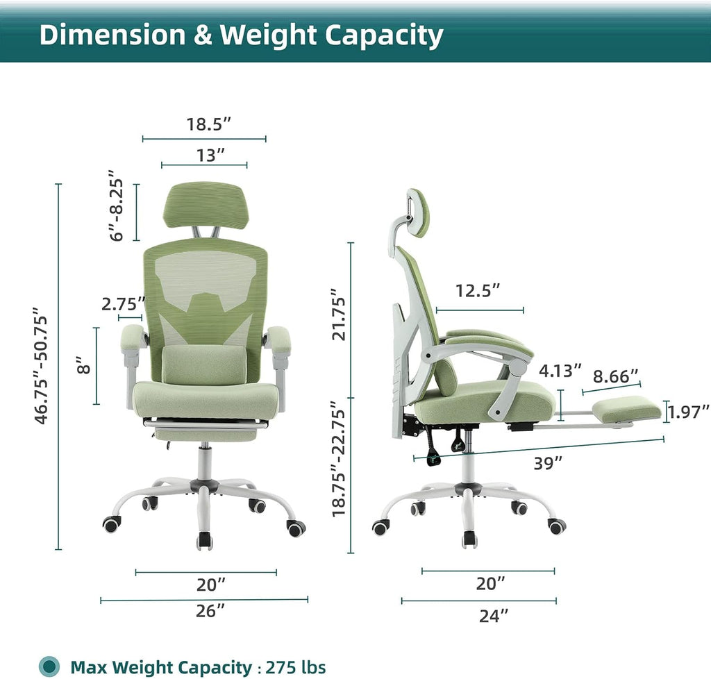 Home Office Desk Chair with Footrest, High-Back Mesh Rolling Swivel Reclining Chairs with Wheels, Comfortable Headrest, Lumbar Support, Comfy Arms for Home, Office, Gaming, Elegant Green