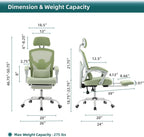 Home Office Desk Chair with Footrest, High-Back Mesh Rolling Swivel Reclining Chairs with Wheels, Comfortable Headrest, Lumbar Support, Comfy Arms for Home, Office, Gaming, Elegant Green