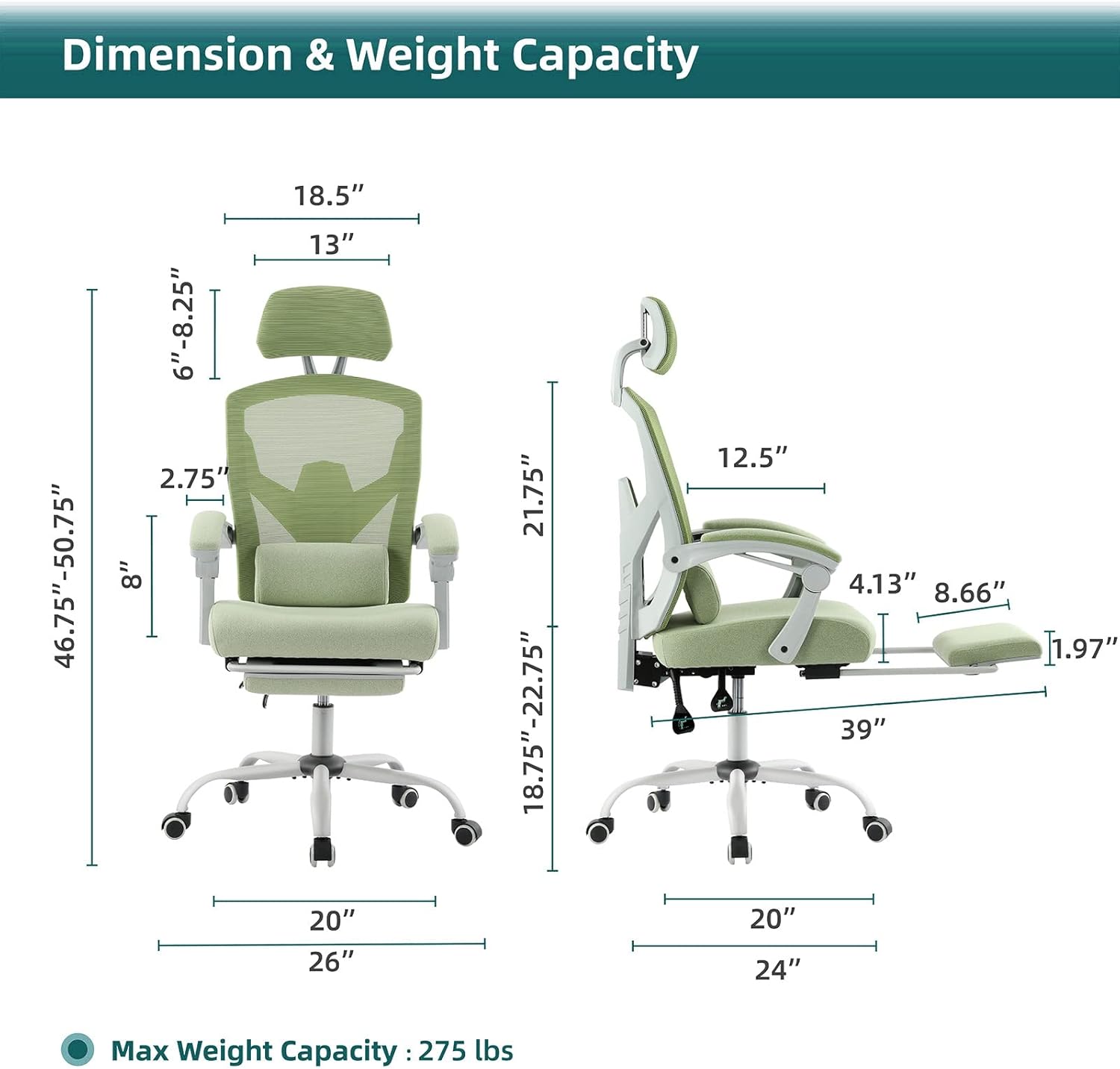 Home Office Desk Chair with Footrest, High-Back Mesh Rolling Swivel Reclining Chairs with Wheels, Comfortable Headrest, Lumbar Support, Comfy Arms for Home, Office, Gaming, Elegant Green