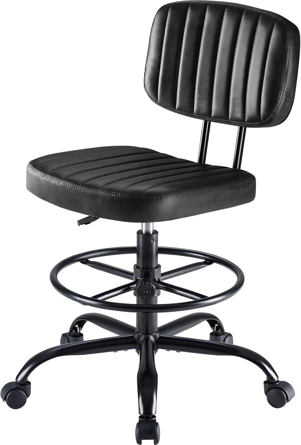 Armless Drafting Chair, Low Back Office Seat with Adjustable Footrest Ring for Standing Desk, Ergonomic PU Leather Office Seating, Swivel Rolling High Stool for Studio, Lab, Counter, Brown