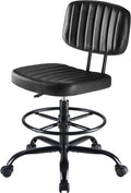 Armless Drafting Chair, Low Back Office Seat with Adjustable Footrest Ring for Standing Desk, Ergonomic PU Leather Office Seating, Swivel Rolling High Stool for Studio, Lab, Counter, Black