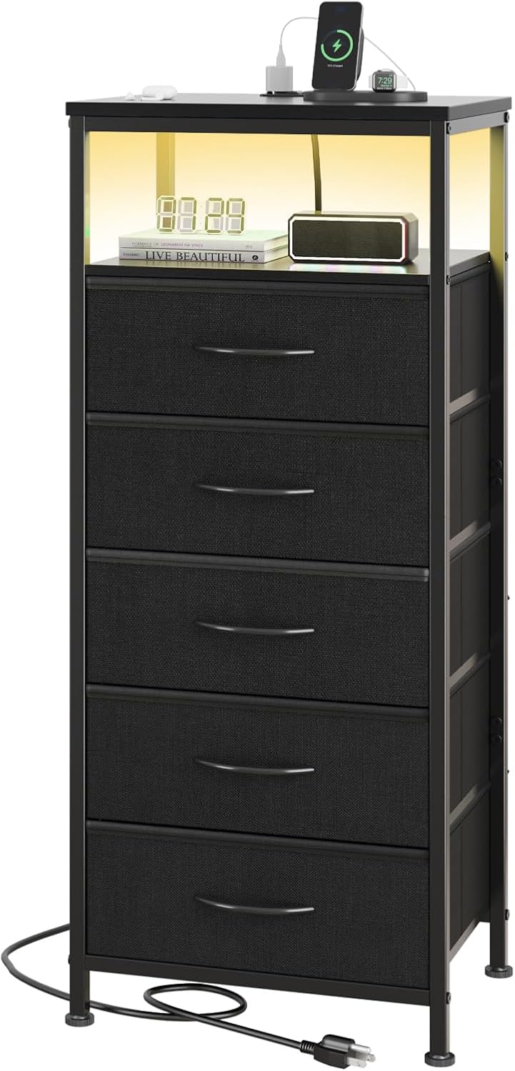 Nightstand with Charging Station, 3-Drawer Bedside Table with USB Ports & Type-C, Bedroom Night Stand with Fabric Drawers and Open Shelf, Tall Narrow End Table for Small Bedroom, Rustic Brown