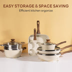 17 Pcs Pots and Pans Set, Nonstick Kitchen Cookware Set, Induction Cooking Sets with Stay-Cool Handles, Beige