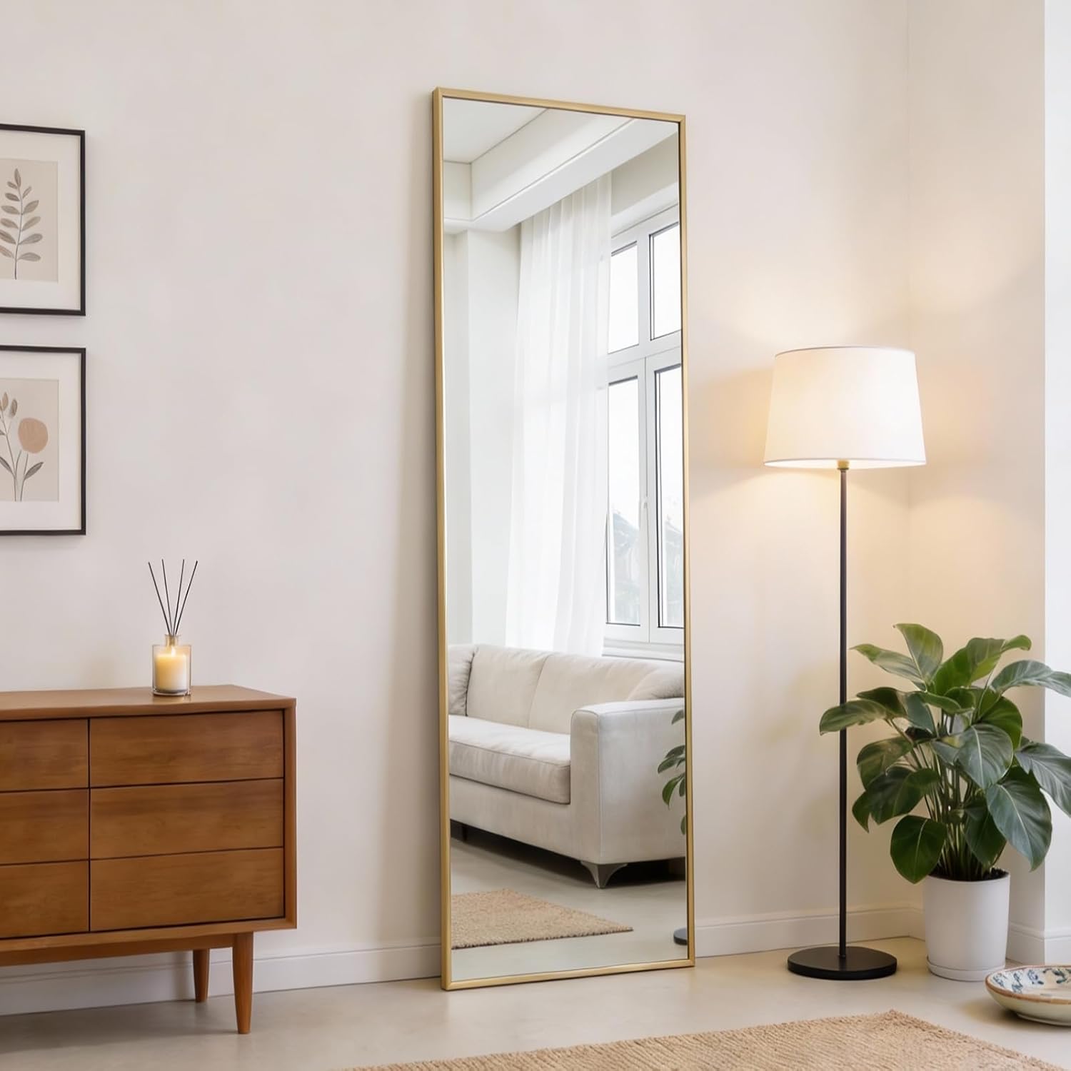 47x14 Full Length Mirror Over The Door, Wall Mounted Full Body Mirror, Door Hanging Metal Aluminum Alloy Frame Dressing Mirror for Bedroom, Living Room, Entryway, Gold