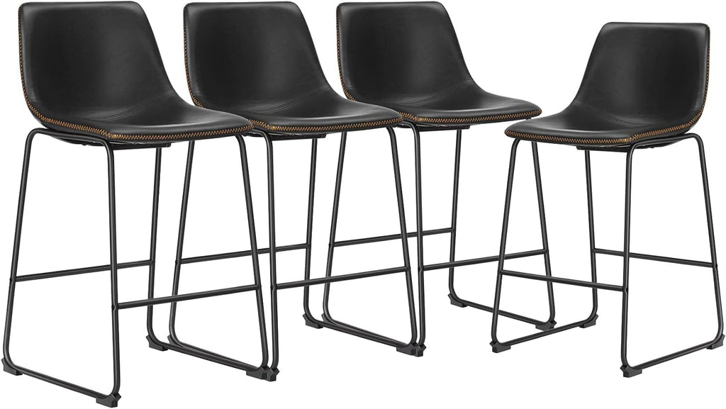 26 Inch Counter Height Bar Stools Set of 2, Modern Faux Leather High Barstools with Back and Metal Leg, Bar Chairs for Kitchen Island, Elegant Black
