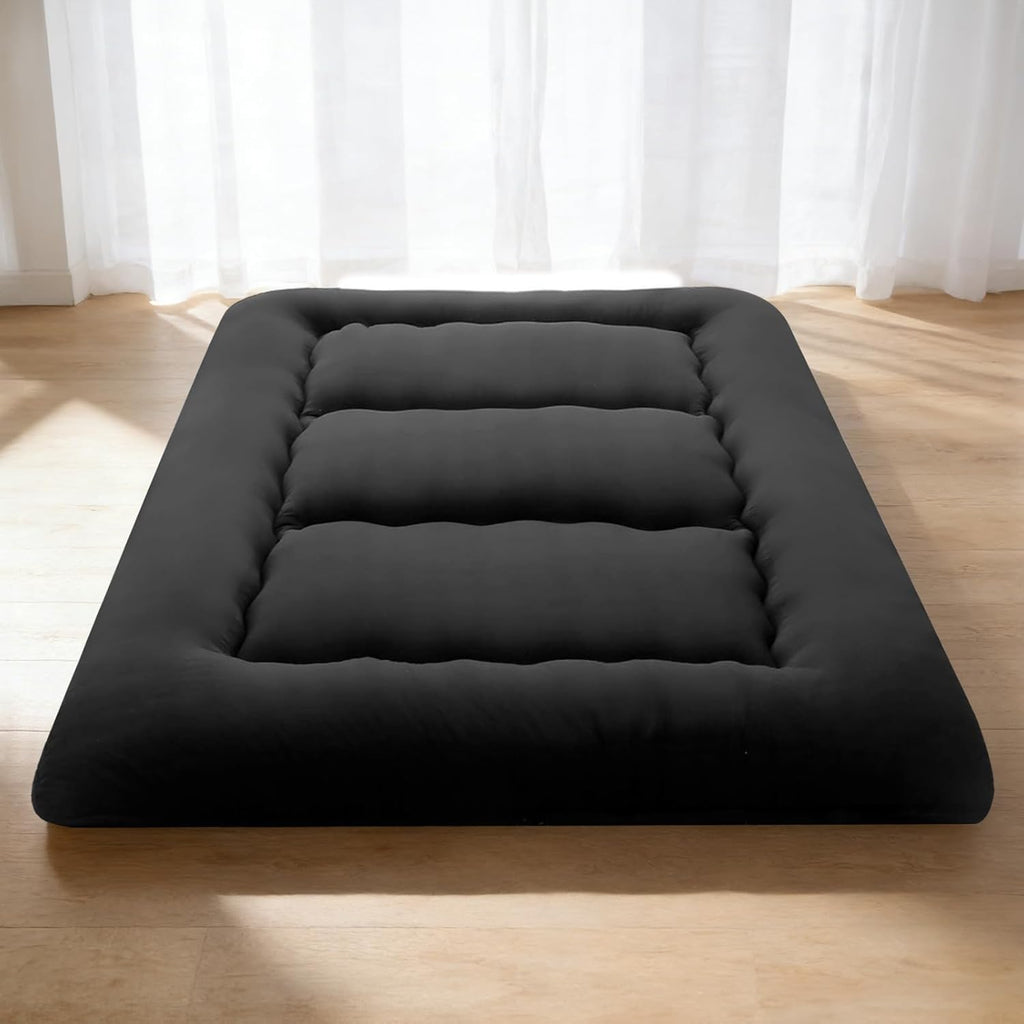 Japanese Floor Mattress Queen Size, Futon Mattress Foldable with Removable Washable Cover, Portable Roll Up Tatami Mat for Small Bedroom, Couples, Family Movie Night and Home Use, Black