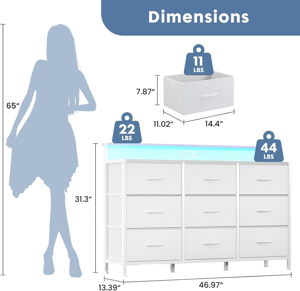 TV Stand Dresser with 9 Fabric Drawers and Open Shelves, Entertainment Center with LED Lights, Charging Station for Bedroom, Wood Top Media Console for 45-55 inch TV Stand with Storage, White