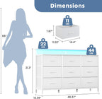 TV Stand Dresser with 9 Fabric Drawers and Open Shelves, Entertainment Center with LED Lights, Charging Station for Bedroom, Wood Top Media Console for 45-55 inch TV Stand with Storage, White
