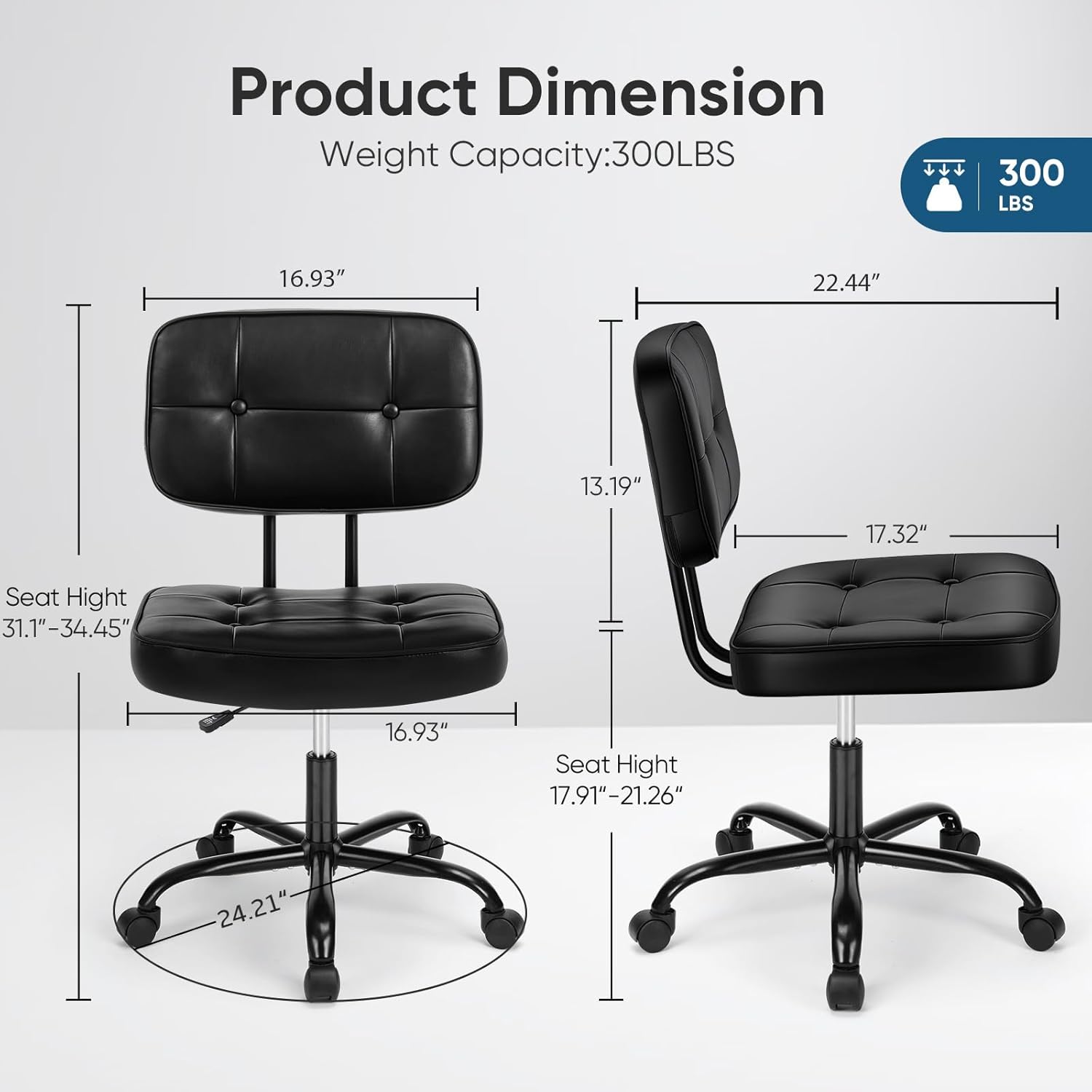 Home Office Desk Chair - Ergonomic Armless PU Leather Computer Rolling Task Chair??with Comfy Lumbar Support and Height Adjustable, Vanity, Bedroom, Black