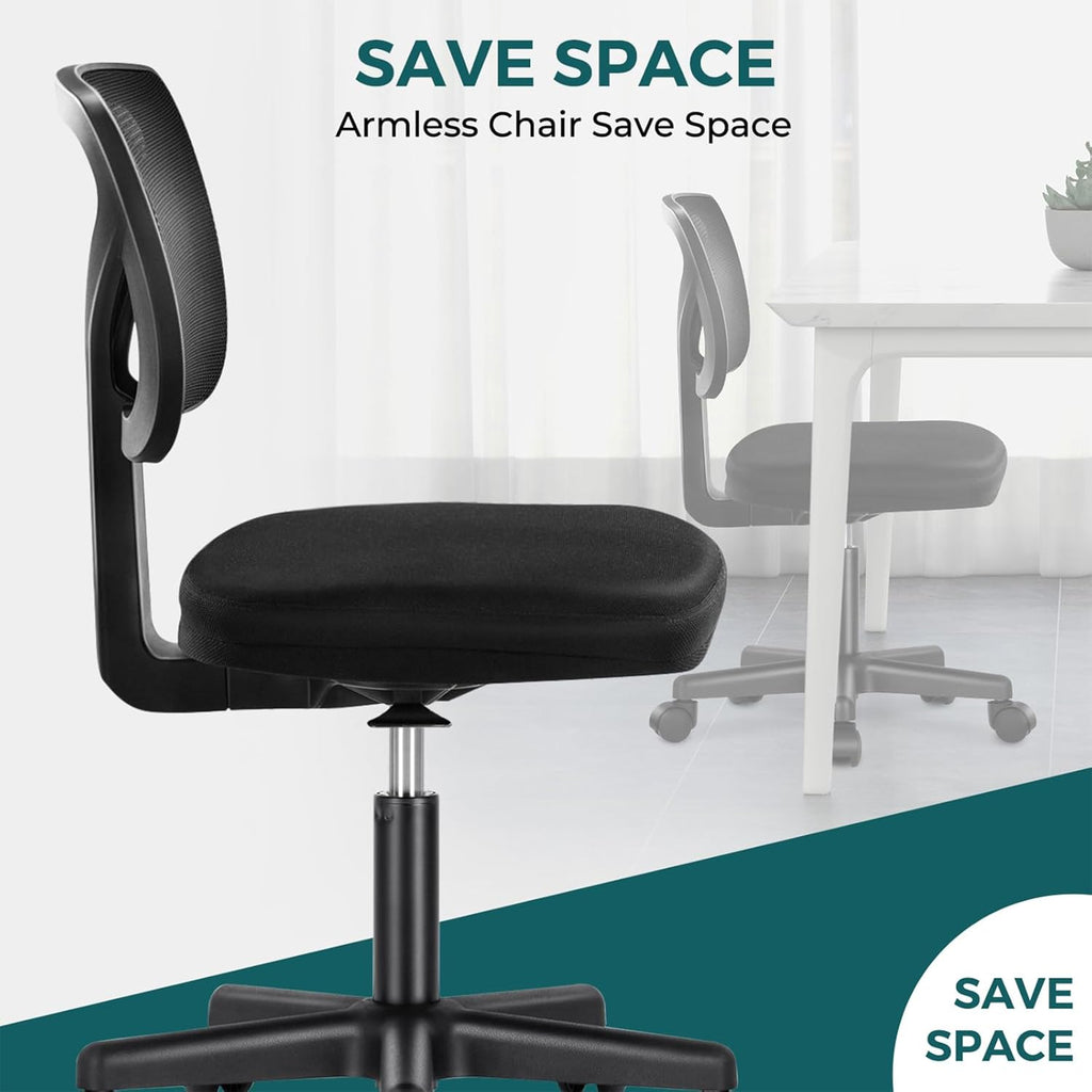 Armless Office Chairs with Wheels, Ergonomic Adjustable Home Desk Swivel Rolling Task Chair No Arms, Comfy Mesh Mid Back Computer Work Vanity Desk Chairs for Small Spaces, New Black