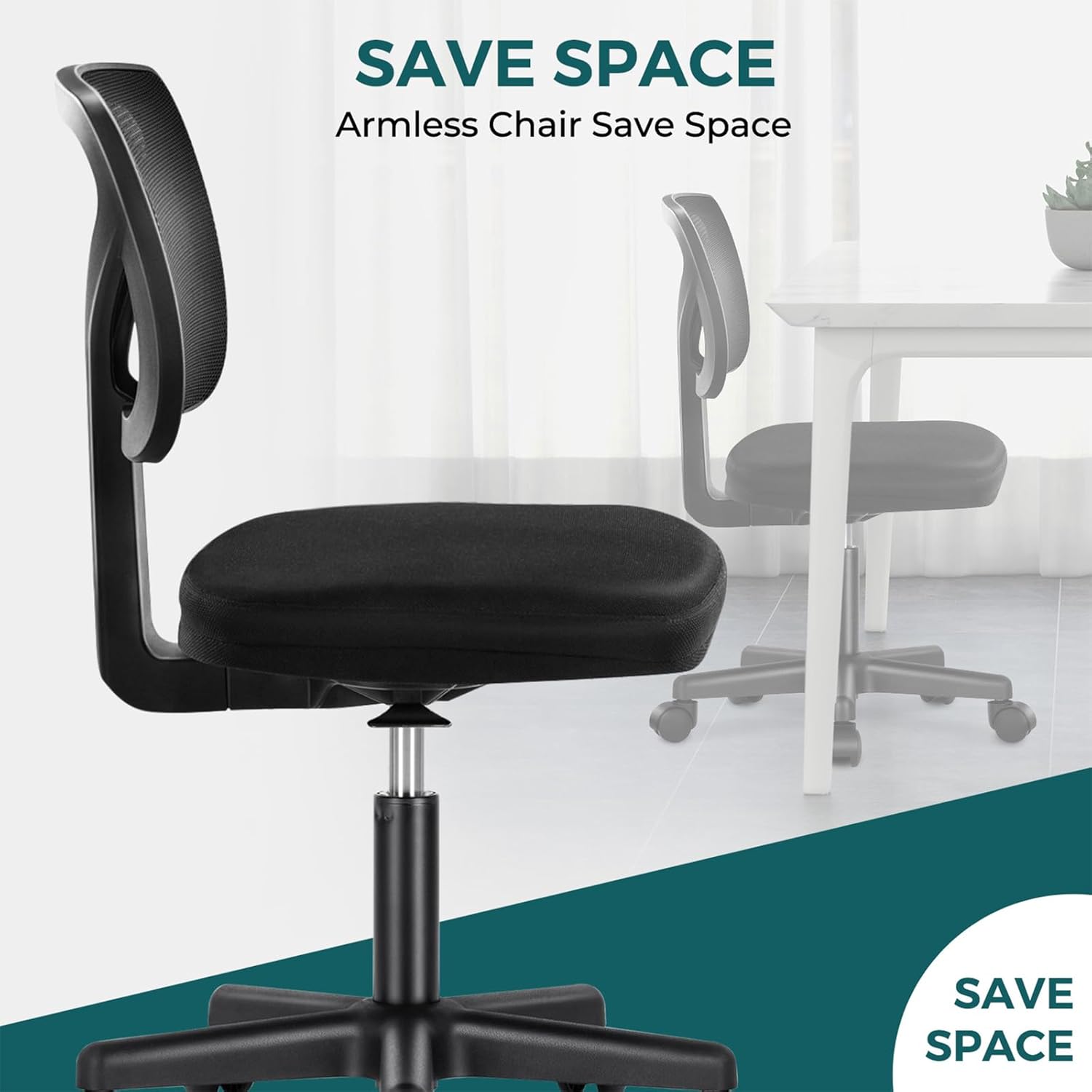 Armless Office Chairs with Wheels, Ergonomic Adjustable Home Desk Swivel Rolling Task Chair No Arms, Comfy Mesh Mid Back Computer Work Vanity Desk Chairs for Small Spaces, New Black