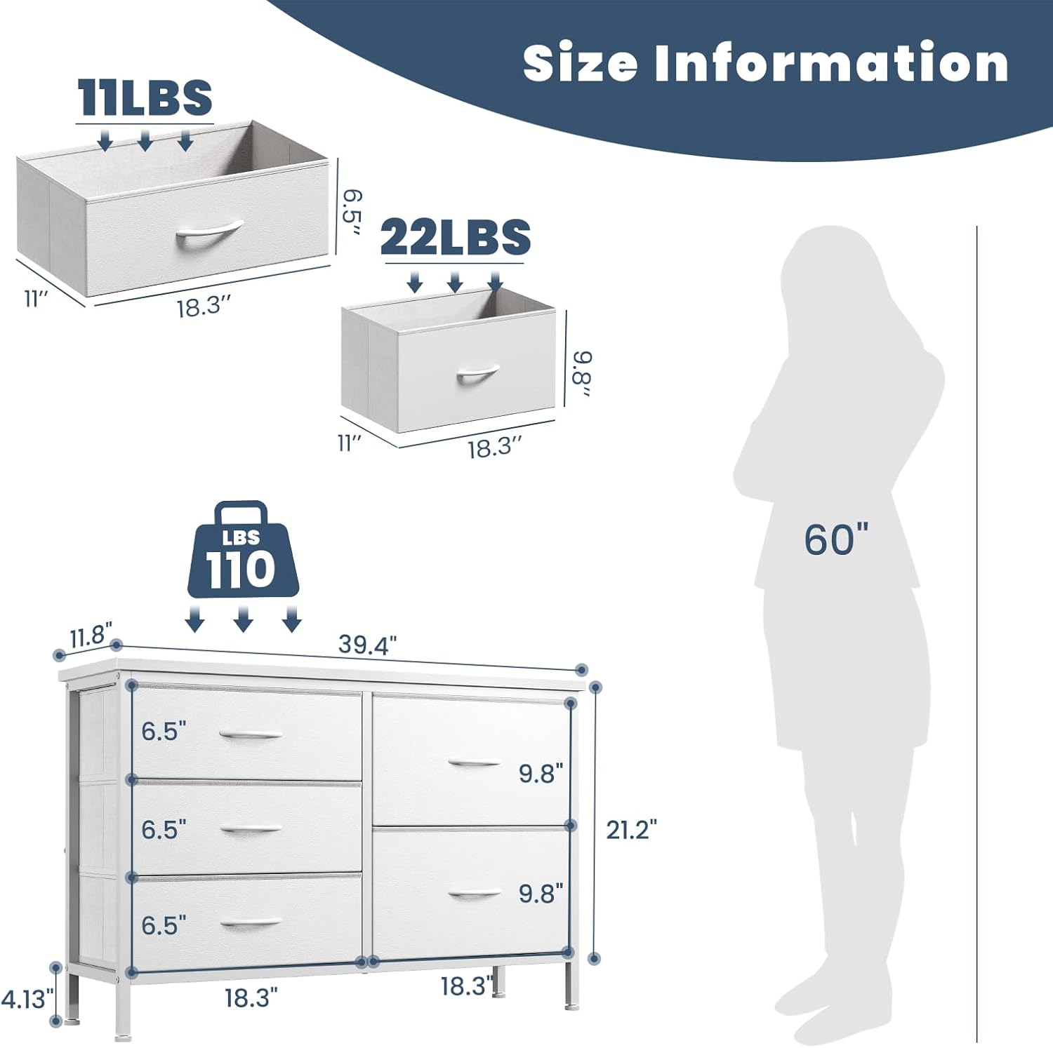 TV Stand for Bedroom with 5 Storage Drawers, Fabric Chest of Drawers with Metal Frame, Living Room Storage Organizers Units for Books, TV Stand and Hallway, Modern Black