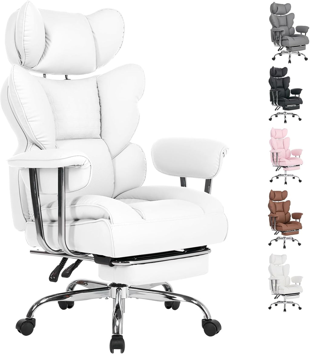 Big and Tall Office Chair 350 LBS, Scratch-Resistant PU Leather Executive Office Desk Chair with Footrest, Ergonomic Reclining Computer Chair with Pocket Spring Support for Home Office, White