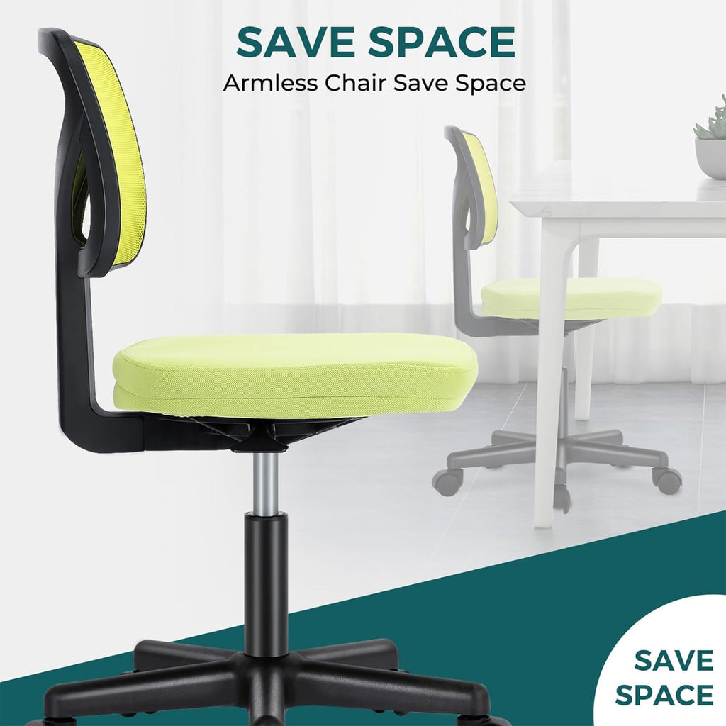 Small Desk Chair Armless, Ergonomic Adjustable Home Office Swivel Rolling Task Chair No Arms, Comfy Mesh Mid Back Computer Work Vanity Desk Chiars with Wheels for Small Spaces, Green