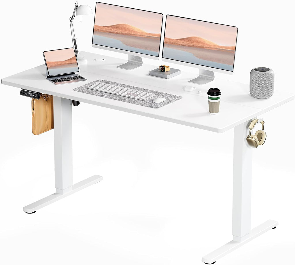 Electric Standing Desk Adjustable Height, 55x24 Inch Sit Stand Up Home Office Desks Memory Computer Workstation PC Work Table with Preset Splice Wood Board Metal Frame, White