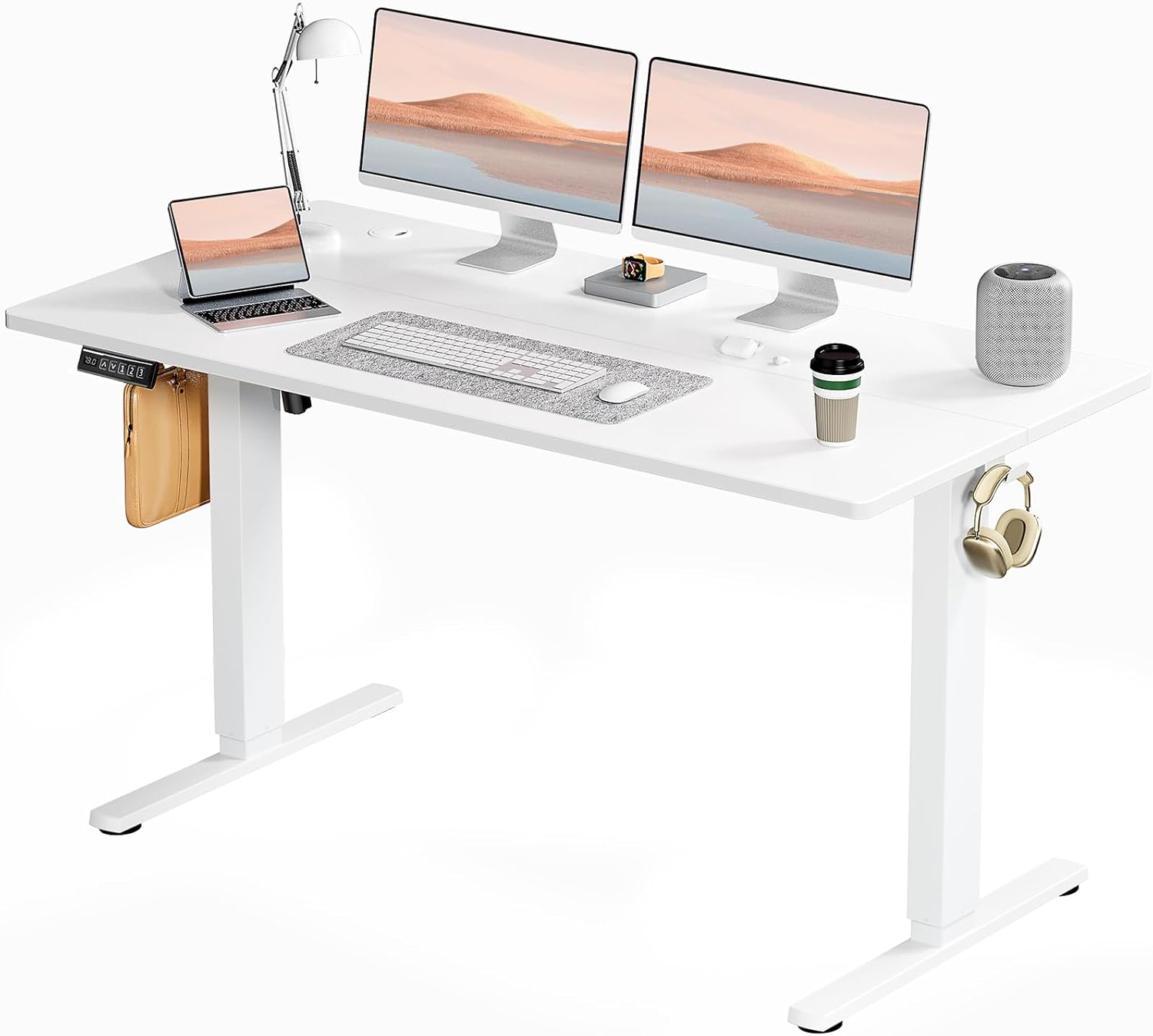 Electric Standing Desk Adjustable Height, 55x24 Inch Sit Stand Up Home Office Desks Memory Computer Workstation PC Work Table with Preset Splice Wood Board Metal Frame, White