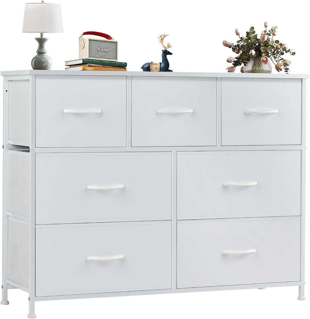 8 Drawer Dresser for Bedroom, Wide Fabric Storage Tower with Wooden Top and Metal Frame, Closet Chest Organizer Furniture, Living Room Hallway, Black