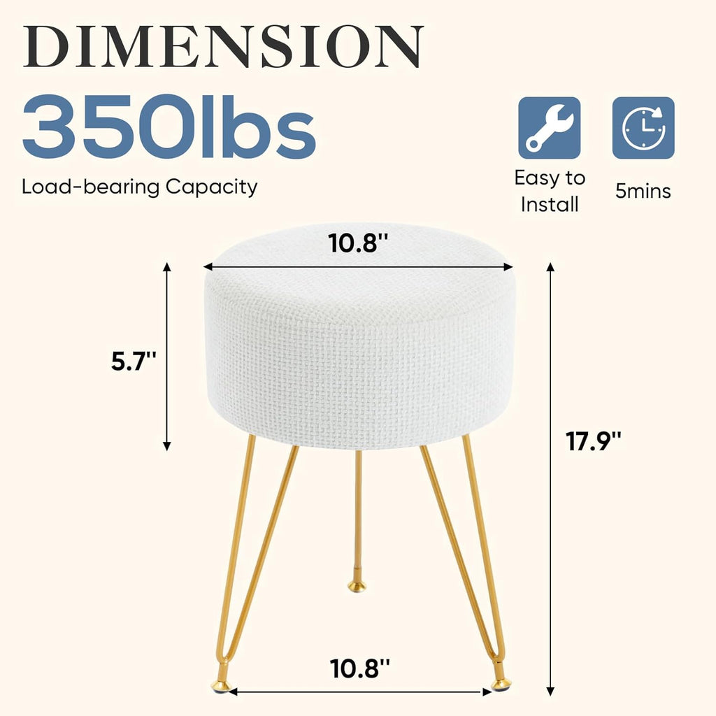 Velvet Vanity Stool, 350LBS Heavy-Duty Makeup Stool with 4CM Thick Cushion, Round Ottoman Footrest Chair for Bedroom, Bathroom, Dressing Table, Easy-Clean Soft Fabric, Beige