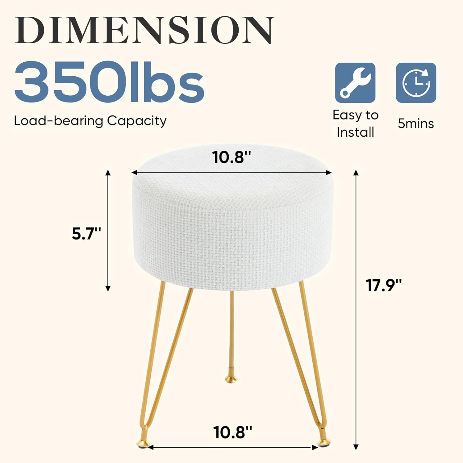 Velvet Vanity Stool, 350LBS Heavy-Duty Makeup Stool with 4CM Thick Cushion, Round Ottoman Footrest Chair for Bedroom, Bathroom, Dressing Table, Easy-Clean Soft Fabric, Beige