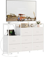 TV Stand Dresser with 8 Fabric Drawers and Open Shelves, LED Entertainment Center with Charging Station, Wood Top Media Console for 45-55 inch, Bedroom, Greige Oak