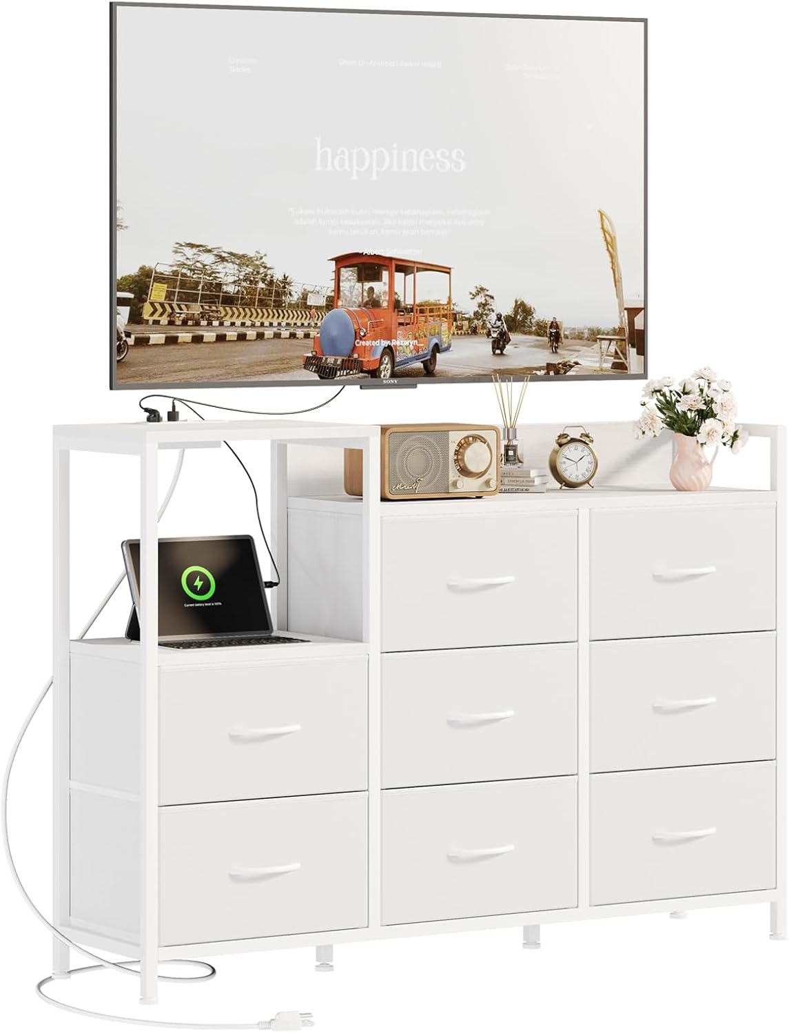 TV Stand Dresser with 8 Fabric Drawers and Open Shelves, LED Entertainment Center with Charging Station, Wood Top Media Console for 45-55 inch, Bedroom, Greige Oak