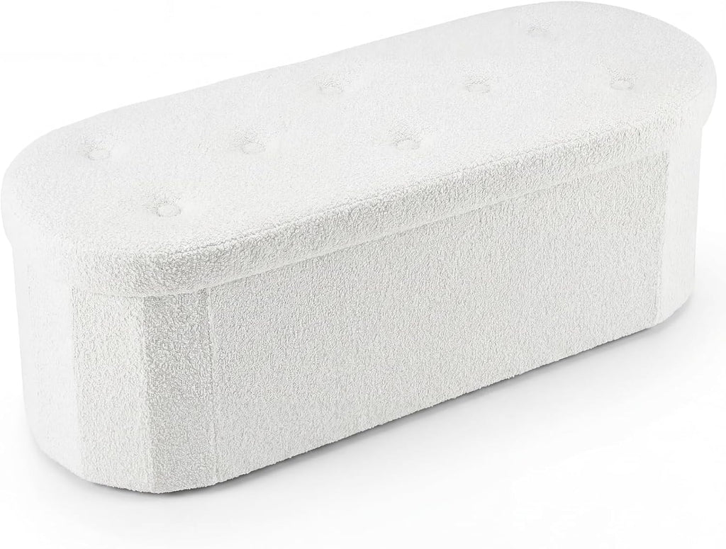 43 inches Folding Storage Ottoman Bench, Oval Round Ottoman End of Bed Foot Rest Bench Stool with Cushion, Storage Chest for Bedroom, Living Room, Entryway, White