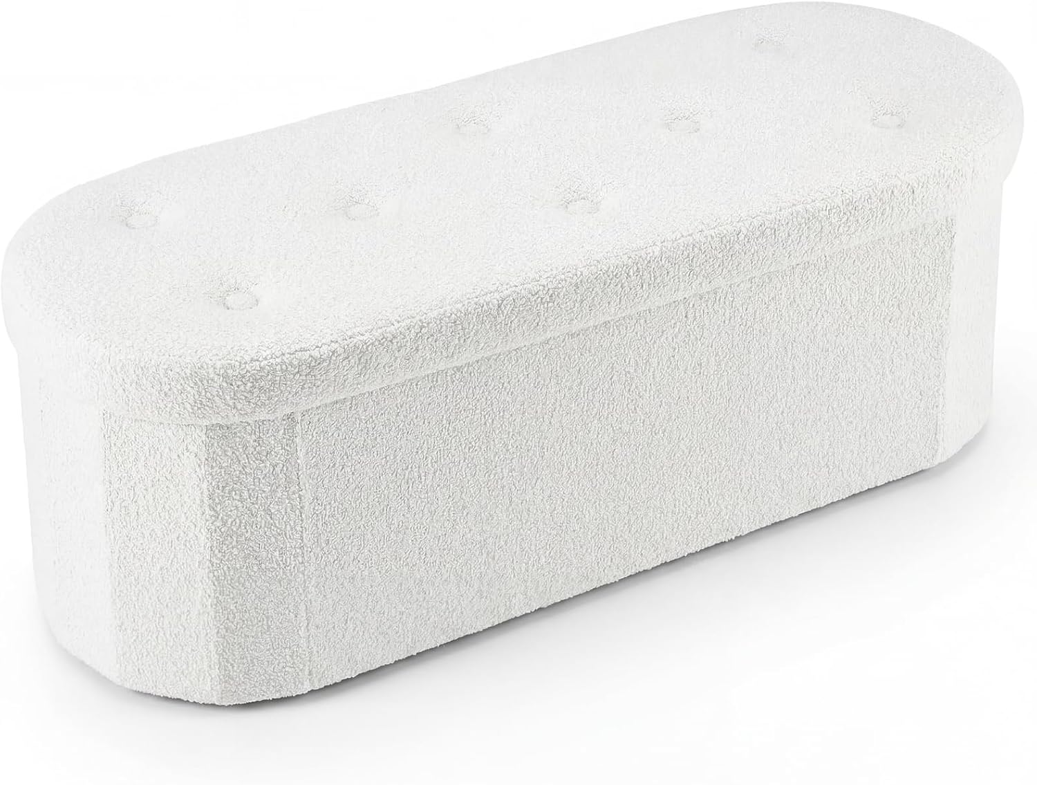 43 inches Folding Storage Ottoman Bench, Oval Round Ottoman End of Bed Foot Rest Bench Stool with Cushion, Storage Chest for Bedroom, Living Room, Entryway, White