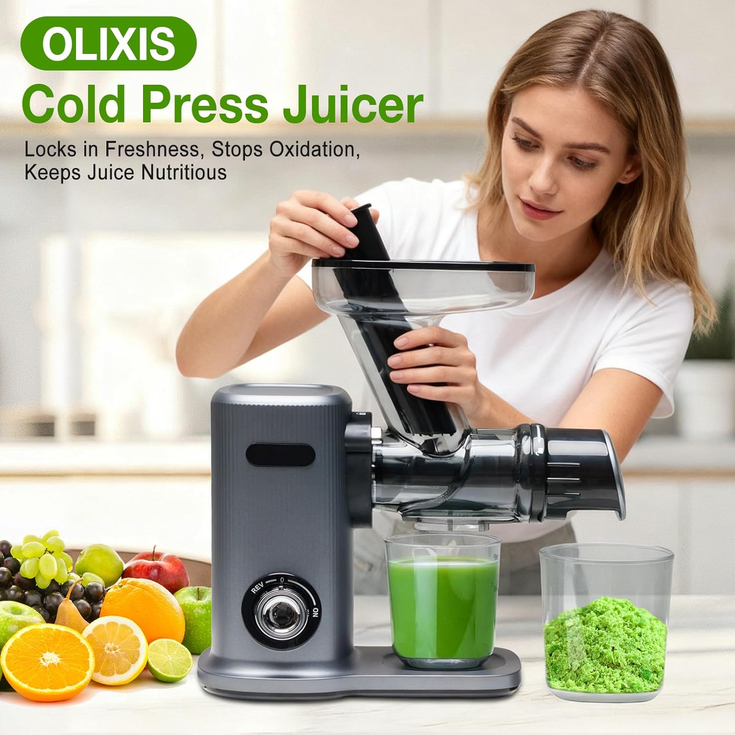 Cold Press Juicer, Slow Masticating Juicer Machines with Extra Wide Feed Chute, High Juice Yield and Easy to Clean for Whole Vegetables & Fruits, Silver