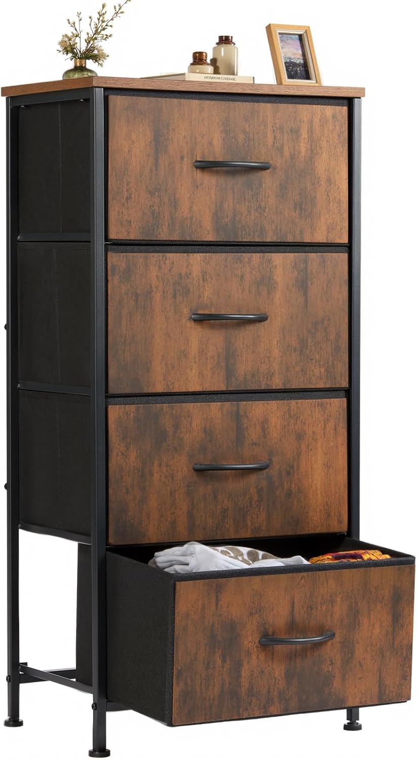 4 Fabric Drawer Small Dresser, Bedside Nightstand with Wooden Top Sturdy Frame, Entryway Closet Bedroom Storage Cabinet Furniture for Dorm,White