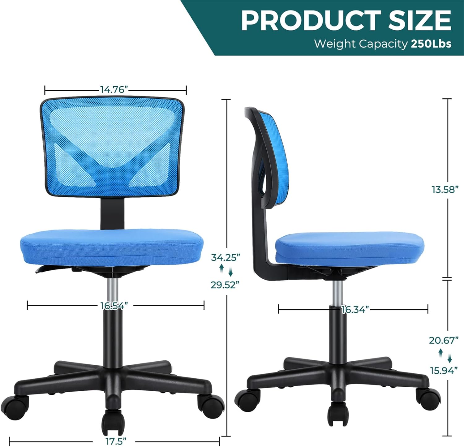 Armless Desk Chairs Set of 2, Ergonomic Adjustable Home Office Swivel Rolling Task Chair No Arms, Comfy Mesh Mid Back Computer Work Vanity Desk Chiars with Wheels for Small Spaces, Blue