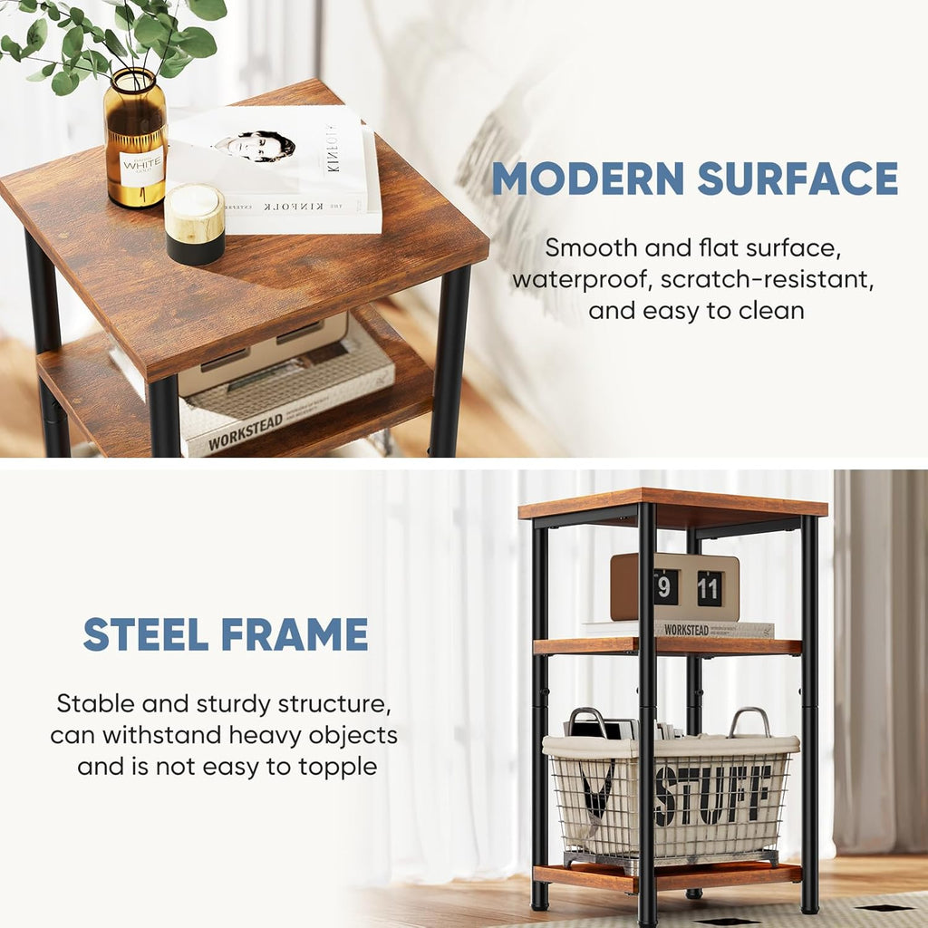 3 Tier End Table for Small Space, Side Sofa Tables Storage Shelf, Nightstand with Adjustable Feet for Living Room, Bedroom, Office, Set of 2, Rustic Brown