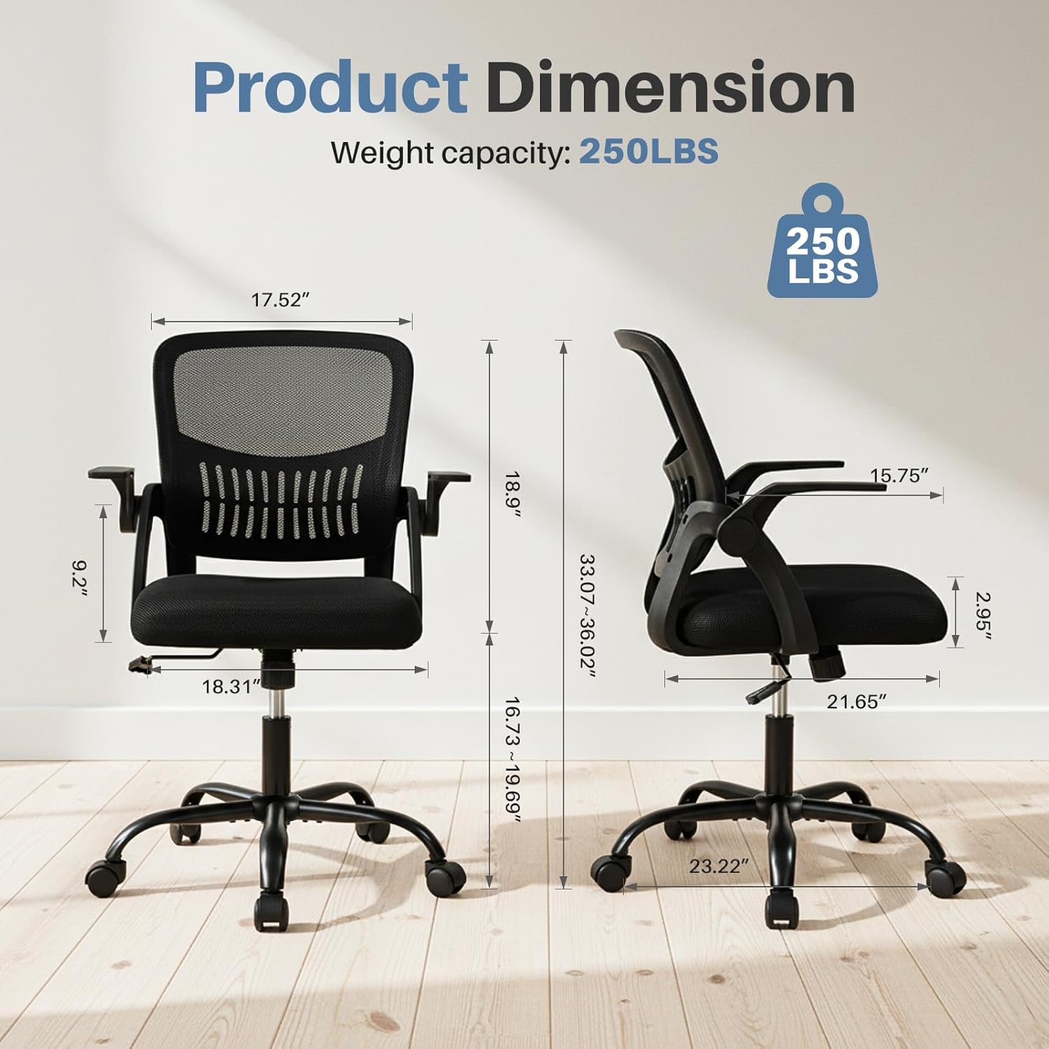 Home Office Desk Chair - Ergonomic Computer Mesh Chair with Lumbar Support & Rocking Mode, Height Adjustable, Flip-up Armrest, for Conference, Meeting Room, 360?? Swivel, Adults, Black