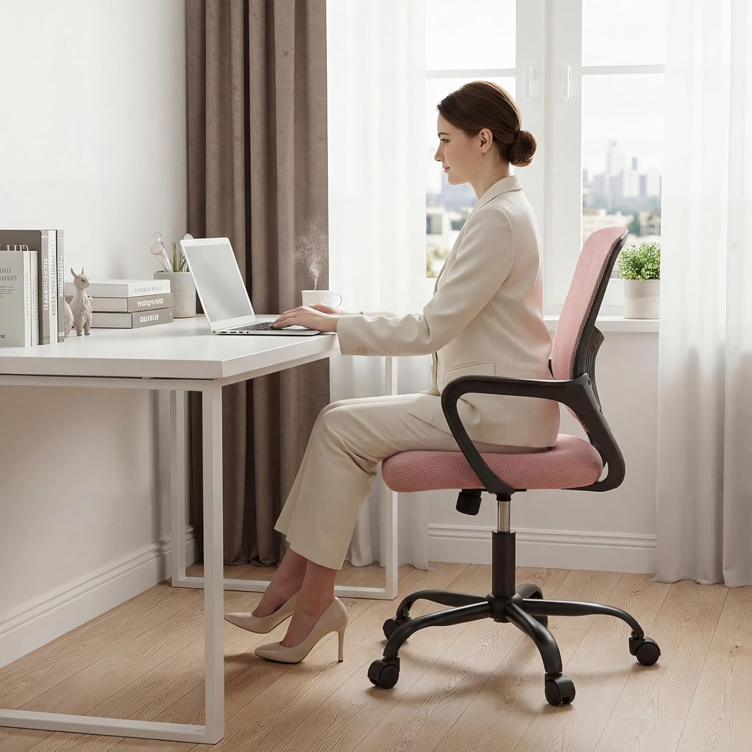 Home Office Chair - Ergonomic Mid Back Mesh Desk Chair with Lumbar Support & Rocking Mode, Height Adjustable with Fixed Armrest, for Conference, Computer, 360?? Swivel, Adults, Pink