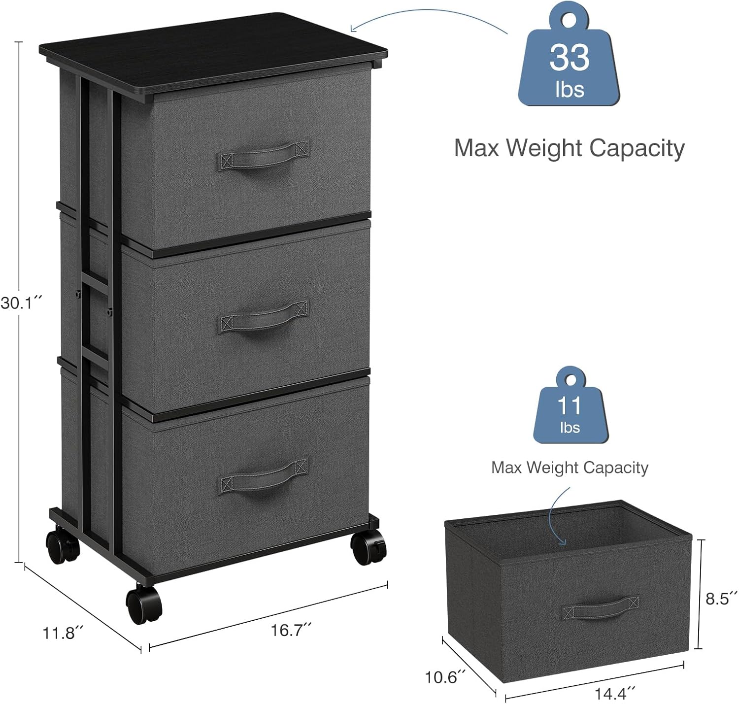 3 Drawer Fabric Dresser with Wheels, Storage Cabinet Organizer with Removable Drawers, Rolling Chest with Steel Frame for Bedroom, Closet, Living Room, Entryway, Grey