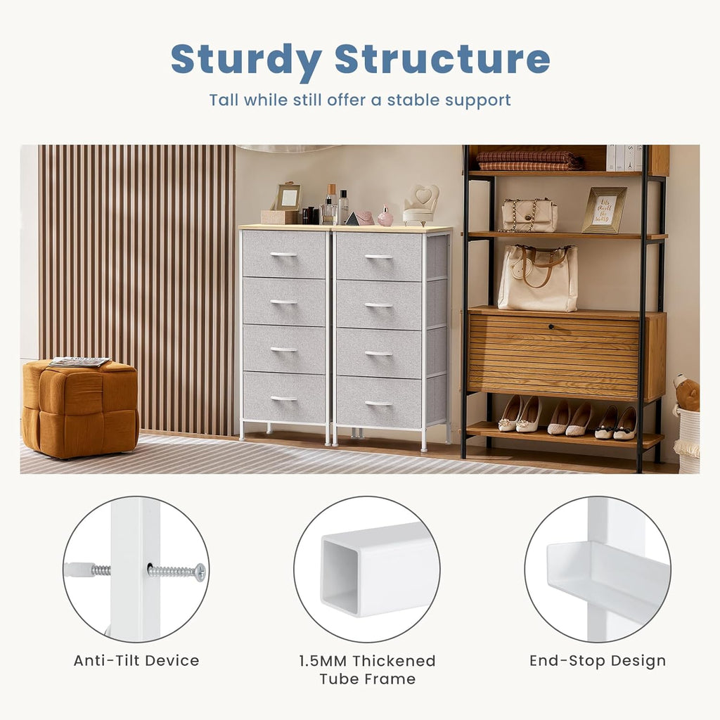 Nightstand with 4 Drawers Bedside Table with Removable Fabric Bins Sturdy Steel Frame Wood Top Organizer Furniture for Bedroom Closet Living Room,Light Gray