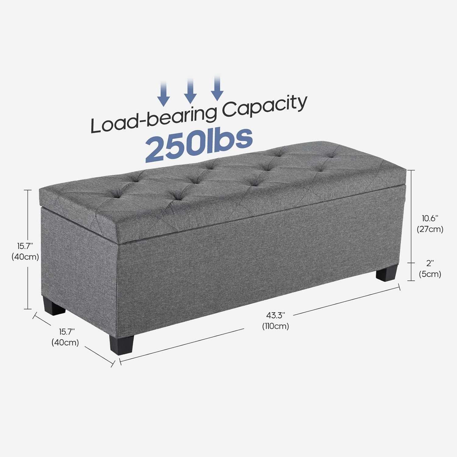 Storage Ottoman, Sturdy Ottoman Bench with Legs, Versatile Bedroom Bench with Storage for Living Room, Entryway, Bedroom, Dark Gray