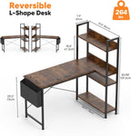 L Shaped Desk Corner Computer Table 47 Inch, L-Shaped Gaming Desks with Storage Shelf Reversible, Wood Tables with Side Bag Adjustable Feet for 2 Monitors Small Space Home Office Bedroom, Brown