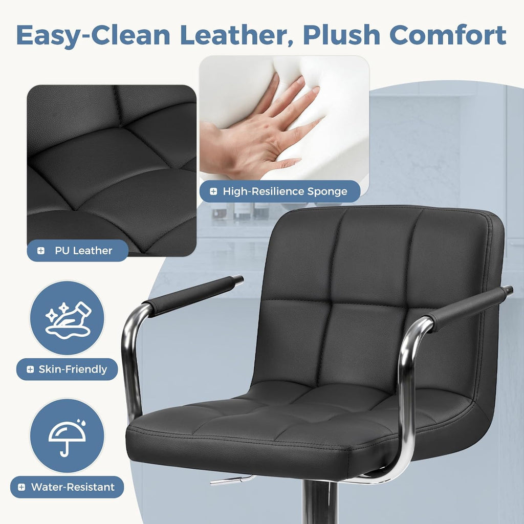 Bar Stools Set of 4, Adjustable Swivel Bar Chairs with Padded Armrests and Ergonomic Backrest for Kitchen Island Counter Pub Dining Room, Water-Resistant PU Leather, Black