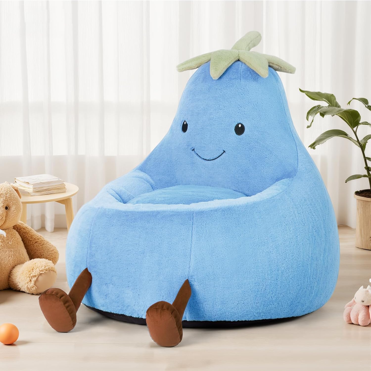Kids Bean Bag Chair, Stuffed Toddler Couch with Faux Rabbit Fur Cover for Teens & Kids, Comfy Lazy Sofa Chair for Reader, Living Room, Bedroom, Aged 4-12 Years, 24 Inch, Blue