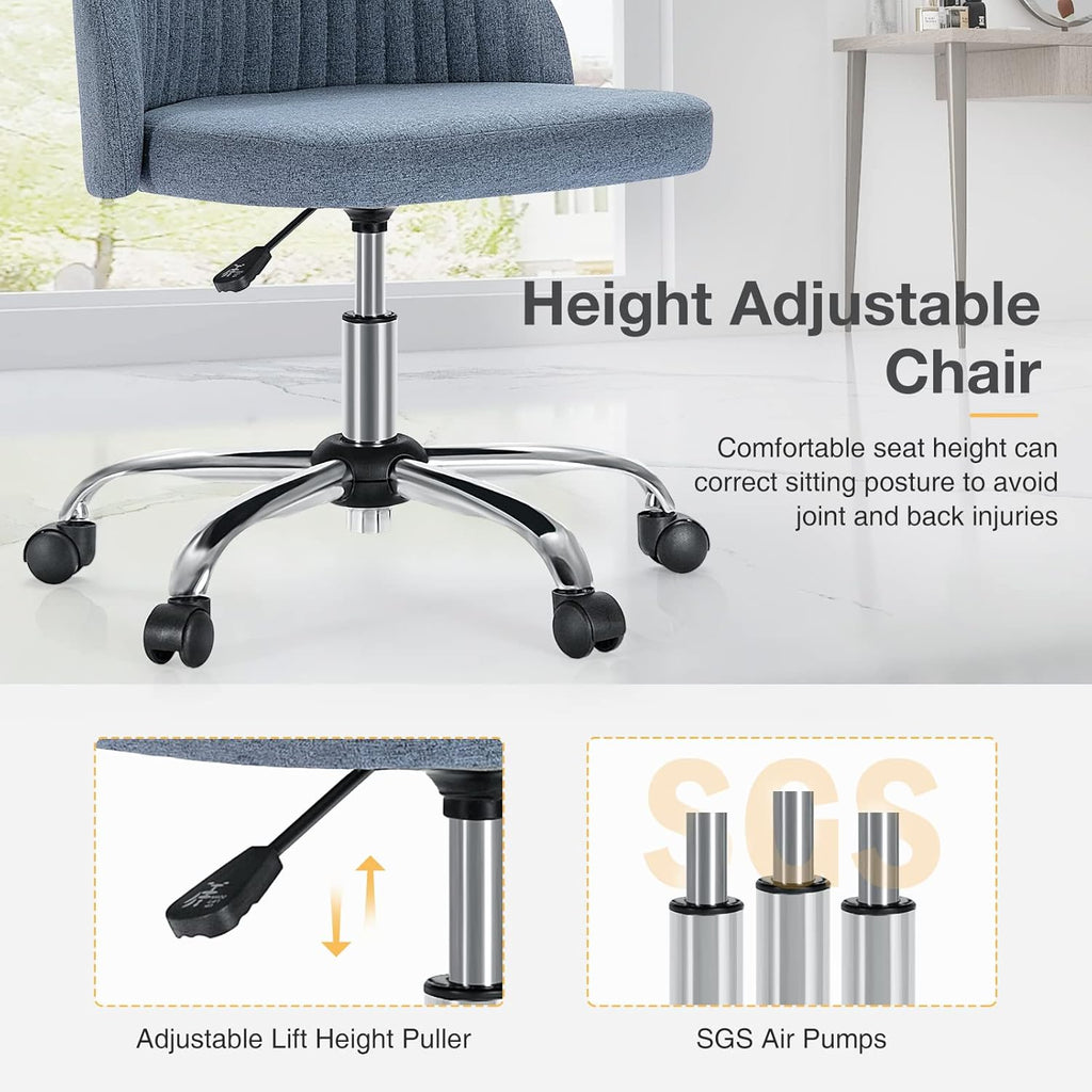 Armless Vanity Chair, Cute Comfy Home Office Desk Chair with Wheels, Modern Upholstered Task Computer Seat for Bedroom, Study, Makeup Vanity, Height Adjustable & Swivel, Blue