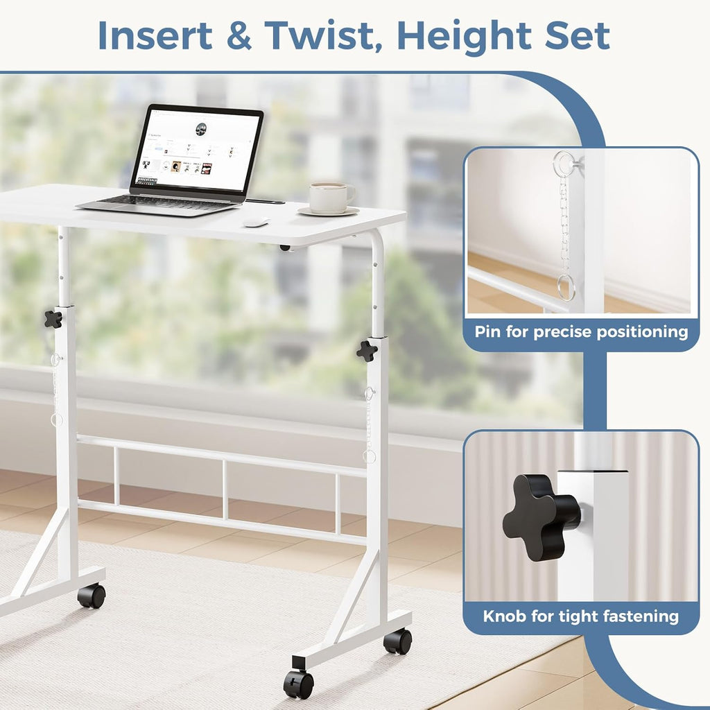 31.5 Adjustable Height Mobile Desk with Locking Wheels & Pin-Lock, Portable Workstation for Walking Pad & Active Home Office, White