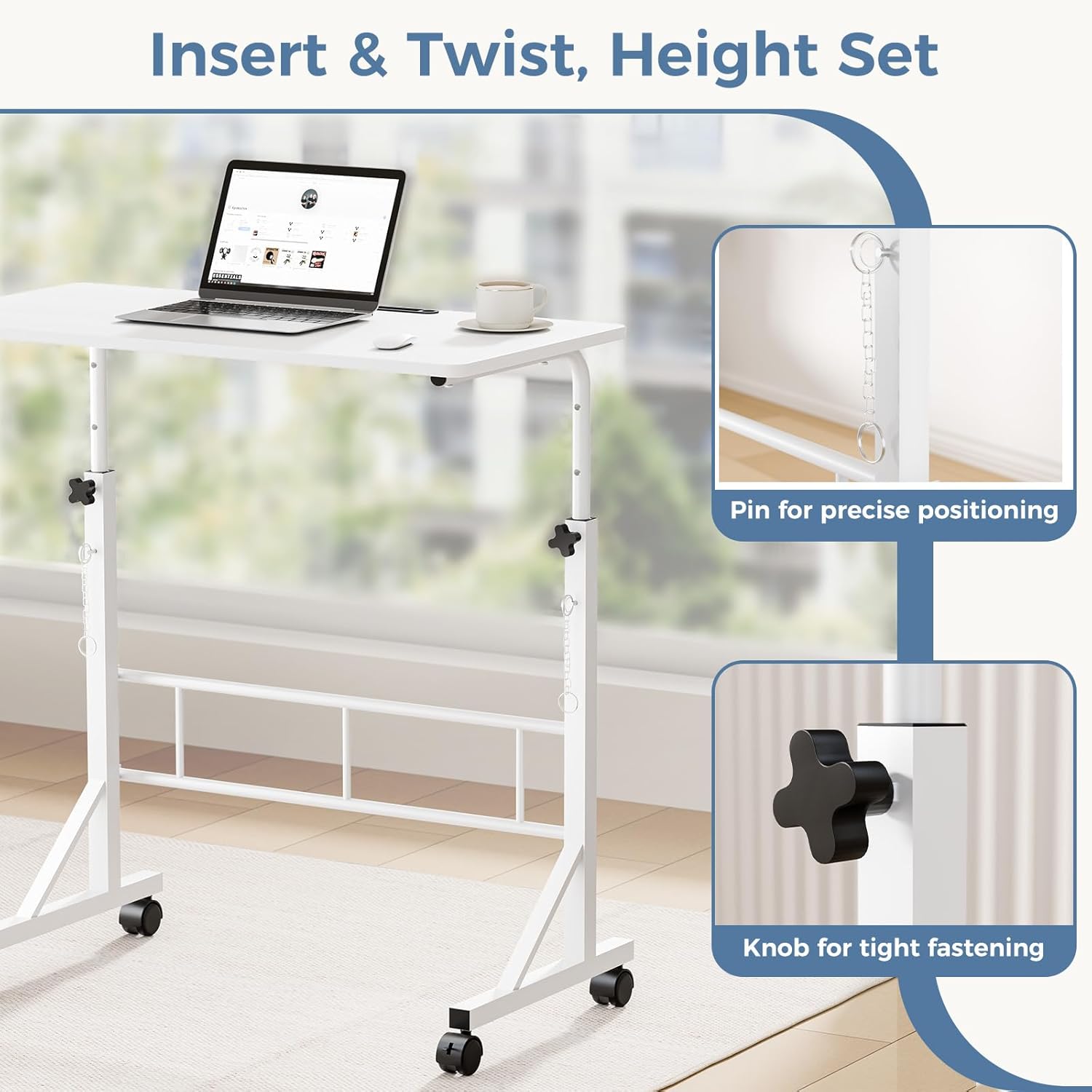 31.5 Adjustable Height Mobile Desk with Locking Wheels & Pin-Lock, Portable Workstation for Walking Pad & Active Home Office, White