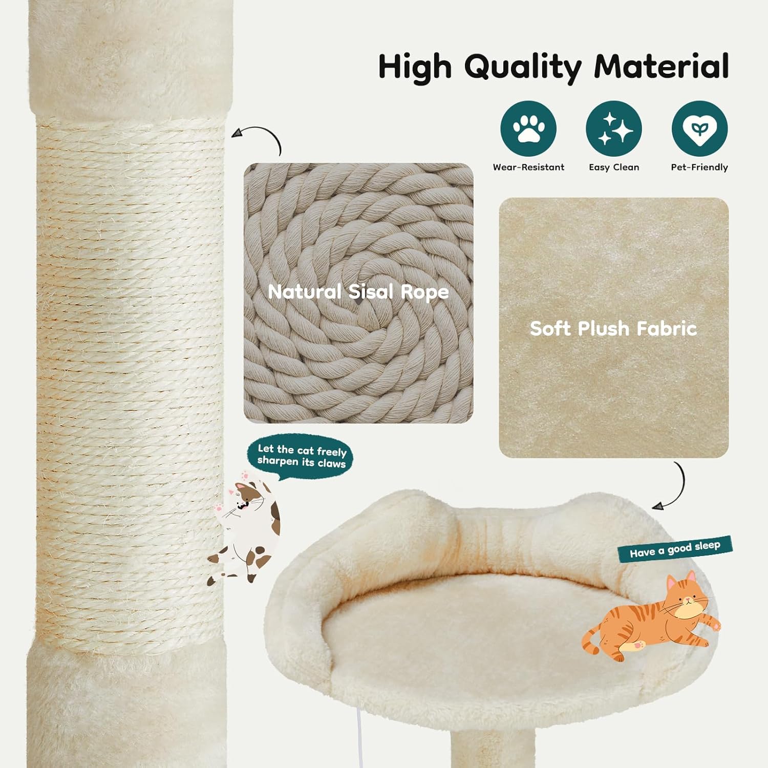 54-inch Indoor Cat Tree Tower ?CMulti-Level Pet House for Large Cats with 2 Condos, Scratching Posts, Round Platform, Small Ladder, and Toys, Beige