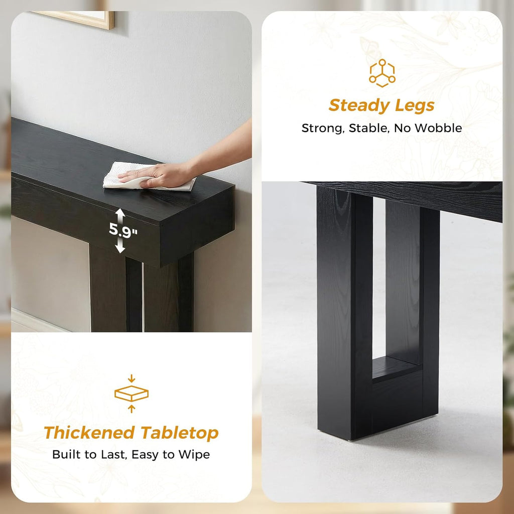 63-Inch Narrow Console Table, Sturdy Wooden Entryway Table with 5.9 Thick Top, Heavy Duty 155lbs Capacity, Space-Saving Sofa Table for Living Room, Hallway, Entrance, Foyer, Black