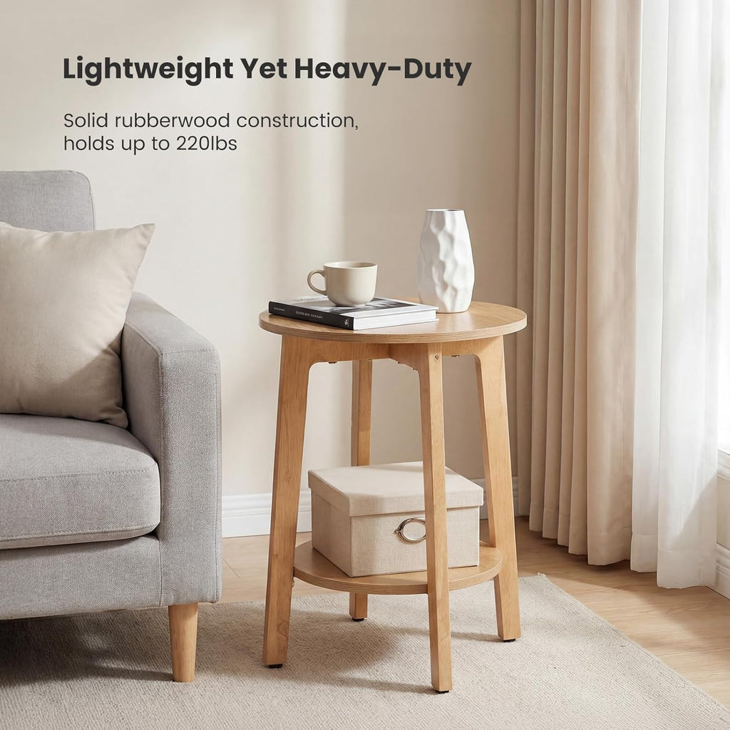Small Round Side Tables Set of 2 for Living Room, 2-Tier Wood End Tables with Storage Shelf, 220 Lbs, Sturdy Bedside Nightstands with Non-Slip Pads, Easy Assembly, Natural Wood