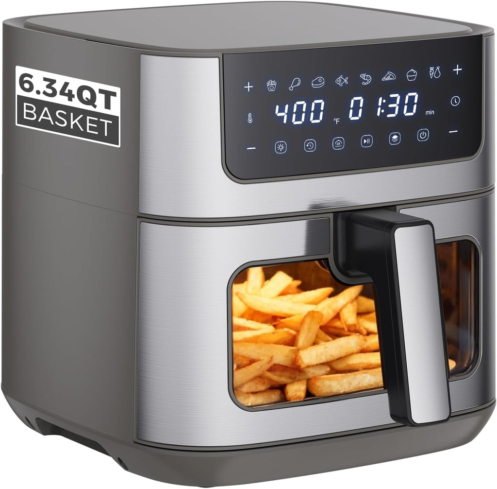 6.34QT Air Fryer with Window, 8 Food Presets with 400??F Max Heat, 90-Min Timer, Nonstick Dishwasher-Safe Basket for Air Fry, Roast, Reheat, Bake, Stainless Steel, White