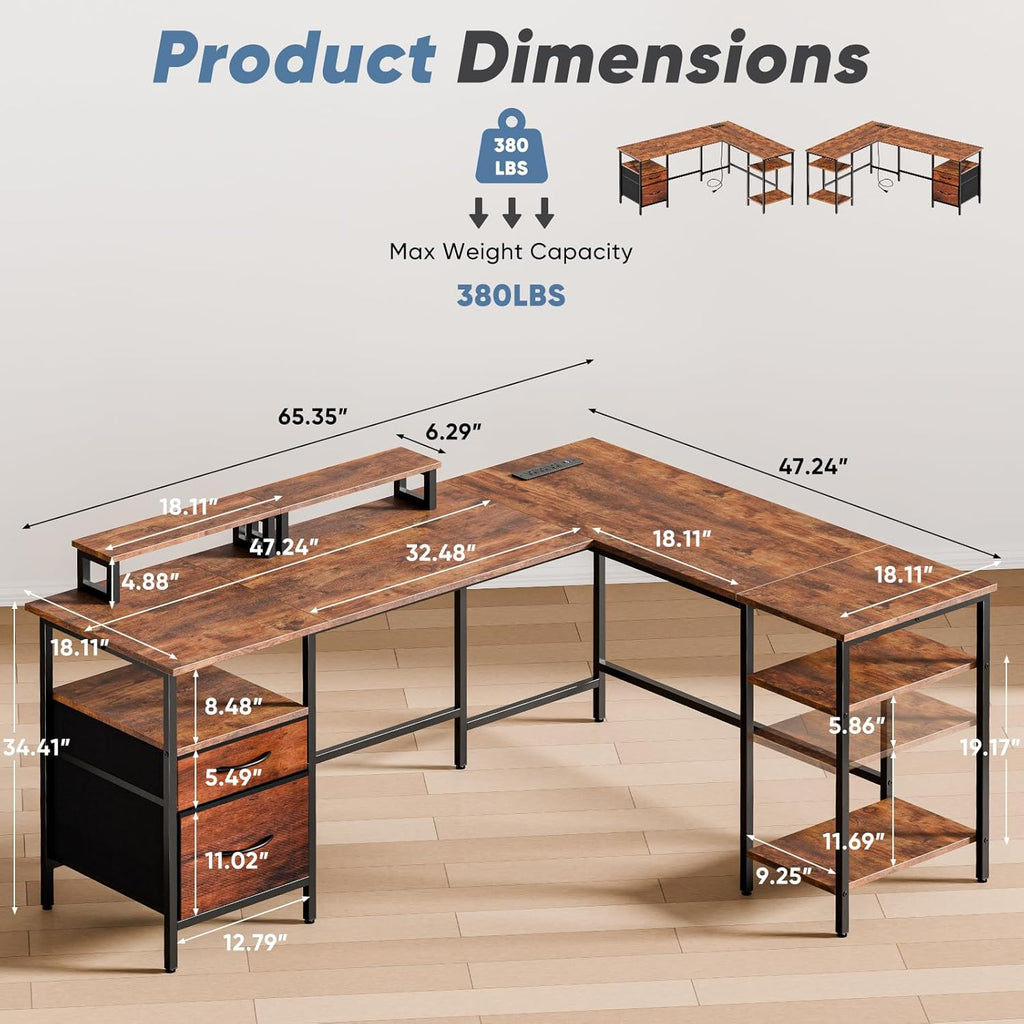 L Shaped Gaming Desk with Charging Station & 2 Monitor Stands, Computer Desk with Drawer & Adjustable Storage Shelves, Large Corner Desk for Home Office, 62 Inch Rust Wood