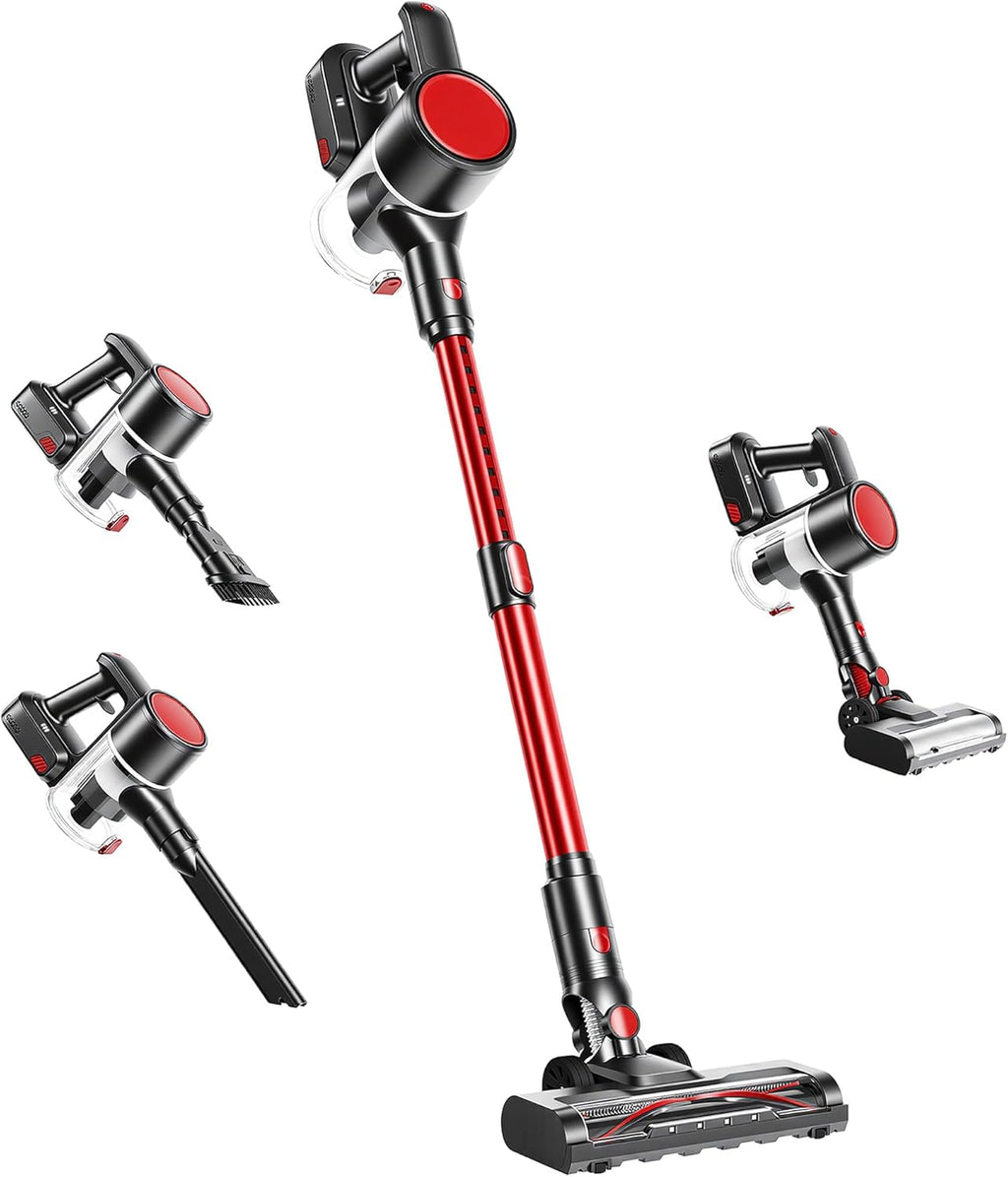 Cordless Vacuum Cleaner with Flexible Steering & Extendable Pole,3 Brush Heads, Lightweight Wireless Rechargeable Upright Vacuum with LED Light & Wall Mount for Hardwood Floors & Carpet