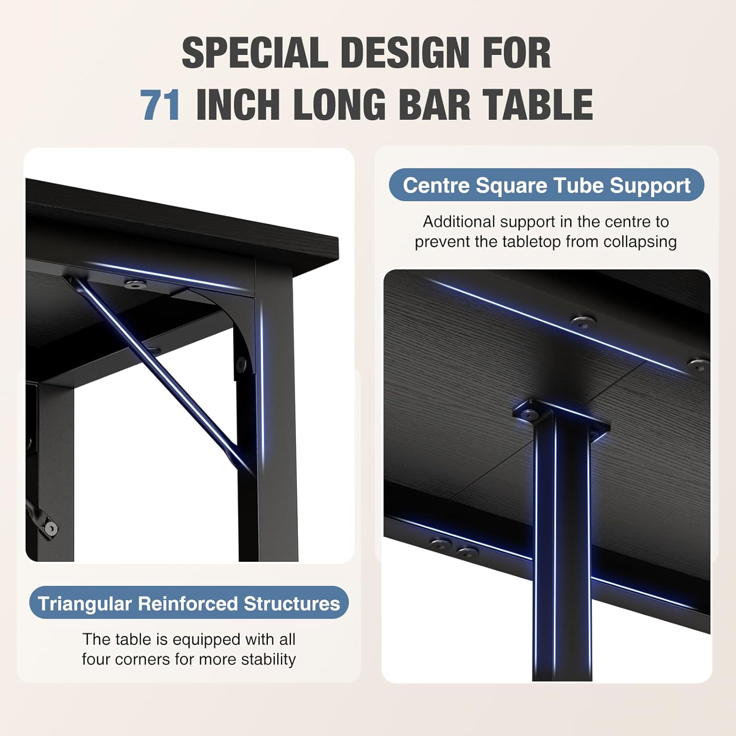 71 inch Bar Table, Counter Bar Height Pub Table, Rectangular High Top Coffee Table, Narrow Long Kitchen & Dining Tables with Triangular Reinforced Structures and Centre Column Support, Black